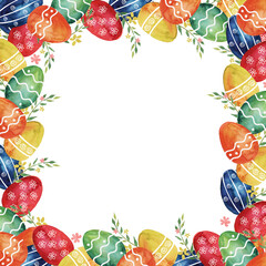 Square Easter decorative frame with colorful watercolor Easter painted eggs in various colors. Hand drawn illustration on white background for holiday design greeting card, invitation, poster