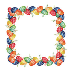 Square Easter decorative frame with colorful watercolor Easter painted eggs in various colors. Hand drawn illustration on white background for holiday design greeting card, invitation, poster