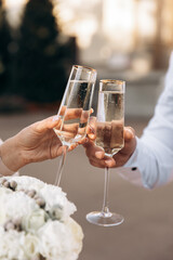 The couple champagne cheers with the transparent wine glass