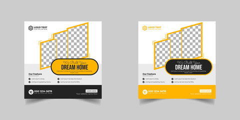 Construction renovation handyman home repair flyer and dream home social media post banner template or Square real estate flyer,