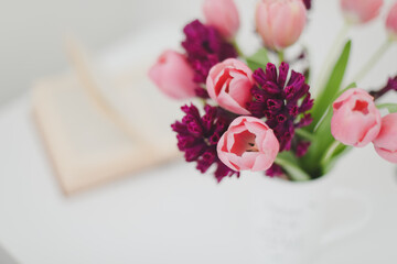 pink tulip bouquet in daylight. Spring stll life, birthday, Easter concept