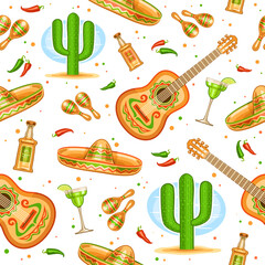 Vector Cinco de Mayo seamless pattern, square repeating background with set of cut out illustrations traditional mexican musical instruments, chili and jalapeno on white background for cinco de mayo