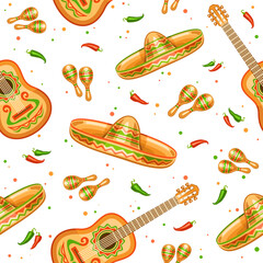 Vector Cinco de Mayo seamless pattern, square repeating background with set of cut out illustrations traditional mexican musical instruments, chili and jalapeno on white background for cinco de mayo