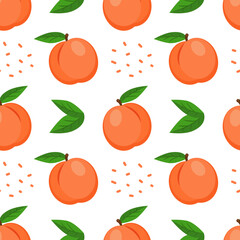 Cute peach with leaves and decorative elements. Seamless pattern. Can be used for wallpaper, fill web page background, surface textures