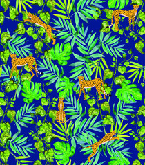 tropical leaves  with animal drawings , wild seamless pattern