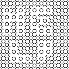 Vector illustration. Geometric seamless pattern. Contour circle and semicircle in the form of a rhombus. Spotted black - white background. Simple abstract background with polka dots.