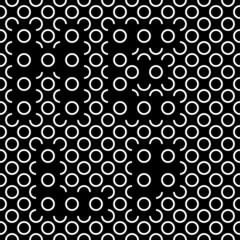 Vector illustration. Geometric seamless pattern. Contour circle and semicircle in the form of a rhombus. Spotted black - white background. Simple abstract background with polka dots.