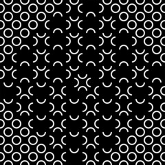 Vector illustration. Geometric seamless pattern. Contour circle and semicircle in the form of a rhombus. Spotted black - white background. Simple abstract background with polka dots.