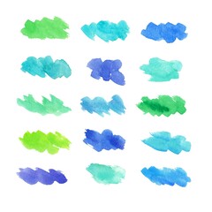 A set of bright watercolor stains on a white isolated background. Turquoise, blue, green paint stains.