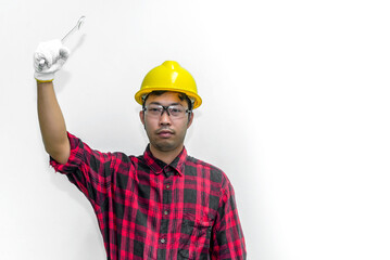 Technician wear helmet  isolate on white background,Thailand people,Labor day concept,Happy man concept