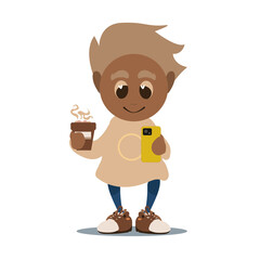 Flat vector guy with cup of coffee and phone