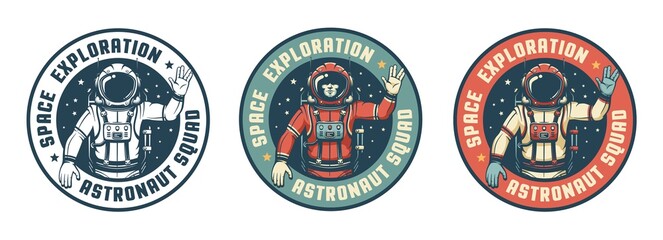Astronaut in spacesuit - space retro badge. Spaceman waves his hand vintage emblem. Vector image. - obrazy, fototapety, plakaty