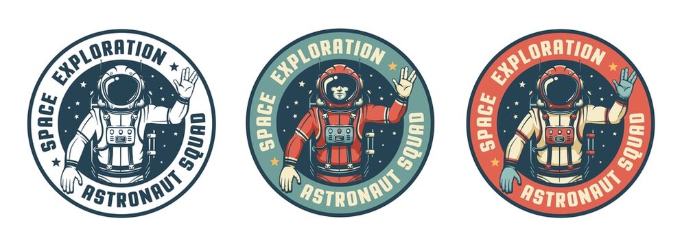 Astronaut in spacesuit - space retro badge. Spaceman waves his hand vintage emblem. Vector image.