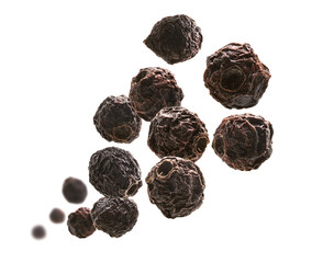 Dried hawthorn berries levitate on a white background