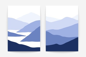 Abstract landscape posters. Minimalist natural art prints, contemporary mid century mountain backgrounds. Vector design