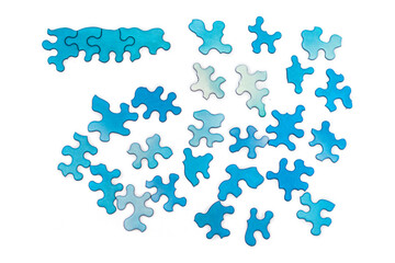 Blue puzzles on white background. Difficult, unusual task concept - obrazy, fototapety, plakaty