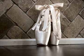 A Ballet dancers pointe shoes 