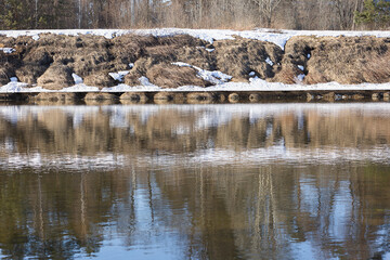 The banks of the river in white snow in March.Reflection of trees in the water. Russia.