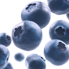 Ripe blueberries levitate on a white background