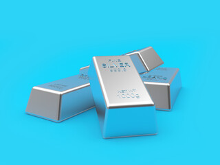 Heap of silver bars on blue. 3D illustration 