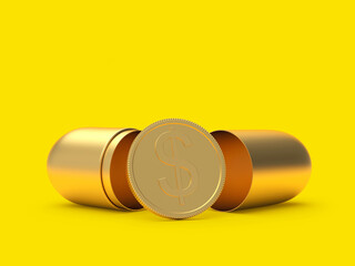 Dollar coin in an open golden medical capsule on a yellow background. 3D illustration 