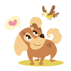 cute dog is friends with a bird