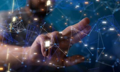 Digital cyberspace with particles and Digital data network connections concept