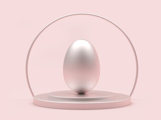 Silver egg on a stand on a pink pastel background. 3D illustration 