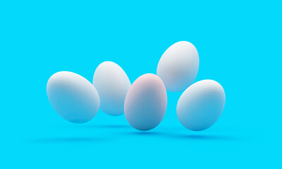 A group of white eggs on a blue background. 3D illustration 