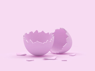 Empty broken eggshell on a pastel pink background.3D illustration 