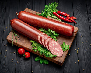 Traditional smoked salami sausage with spices. Smoked sausage