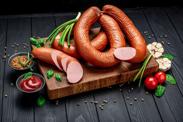 Appetizing smoked pork sausage on a dark background