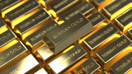 gold in bullion in a large volume of the inscription "Russian gold". gold fund , 3d render