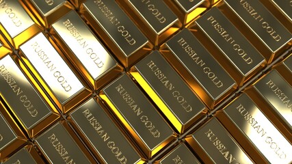  gold in bullion in a large volume of the inscription "Russian gold". gold fund , 3d render