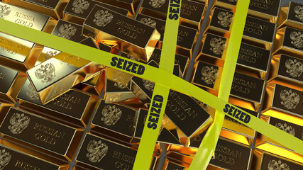 Russian gold in bullion in large quantities draped with yellow tape seized  3d render,