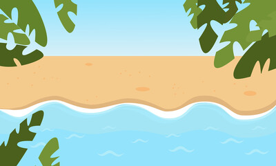 Fototapeta na wymiar Sea coast in cartoon style. Water and sand and leaves of plants are closely visible. Horizontal format for summer nautical design.