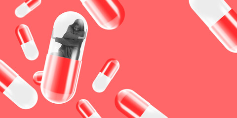 Contemporary art collage. Anxious woman trying to get off the pill isolated over red background. Flyer
