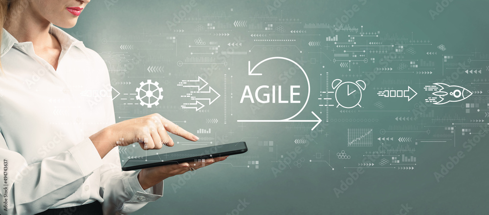 Poster agile concept with business woman using a tablet computer