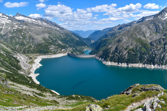 view on the K&ouml;lnbreinsperre a giant dam or water reservoir in the mountains, Maltatal/K&auml;rnten in Austria.