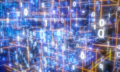 Neural network 3D illustration. Big data and cybersecurity
