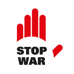 Sign Stop War. Hand with the slogan Stop War. Concept icon stop. Vector illustration. Isolated white background. Vector illustration