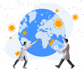Contemporary art collage. Doctor and nurse working together, rescuing world from dangerous disease