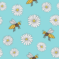 Seamless vector pattern of chamomile and bees. Decoration print for wrapping, wallpaper, fabric, textile.