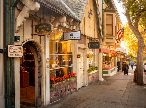 CARMEL, USA, - OCTOBER, 30, 2018: Small stores along the sidewalk in Carmel, California, USA.