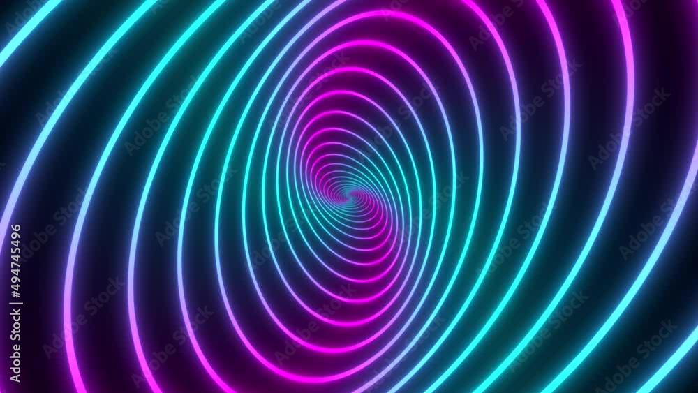 Poster minimal thin fluorescent spiral in infinite rotation. funky holographic backdrop in retrowave style.