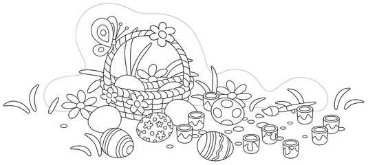 Wicker basket, paints with a brush and traditional gift eggs decorated for Easter on a spring lawn with flowers, black and white vector cartoon illustration for a coloring book page