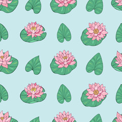 Seamless vector pattern of lotuses and water lilies. Decoration print for wrapping, wallpaper, fabric, textile.	