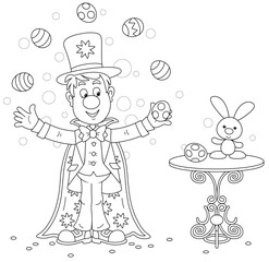 Funny circus magician illusionist with his mysterious hat and a magic cloak conjuring tricks with flying decorated Easter eggs, black and white vector cartoon illustration for a coloring book page