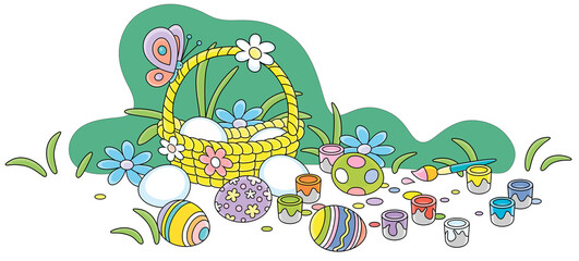 Wicker basket, colorful paints with a brush and traditional gift eggs decorated for Easter on a spring lawn with flowers, vector cartoon illustration on a white background