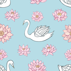 Seamless vector pattern of swans and lotuses. Decoration print for wrapping, wallpaper, fabric, textile.